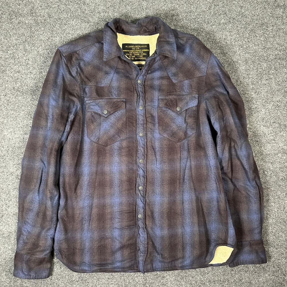 AllSaints Spitalfields Mens Sherpa Lined Plaid Western Flannel Coat Blue Size L
